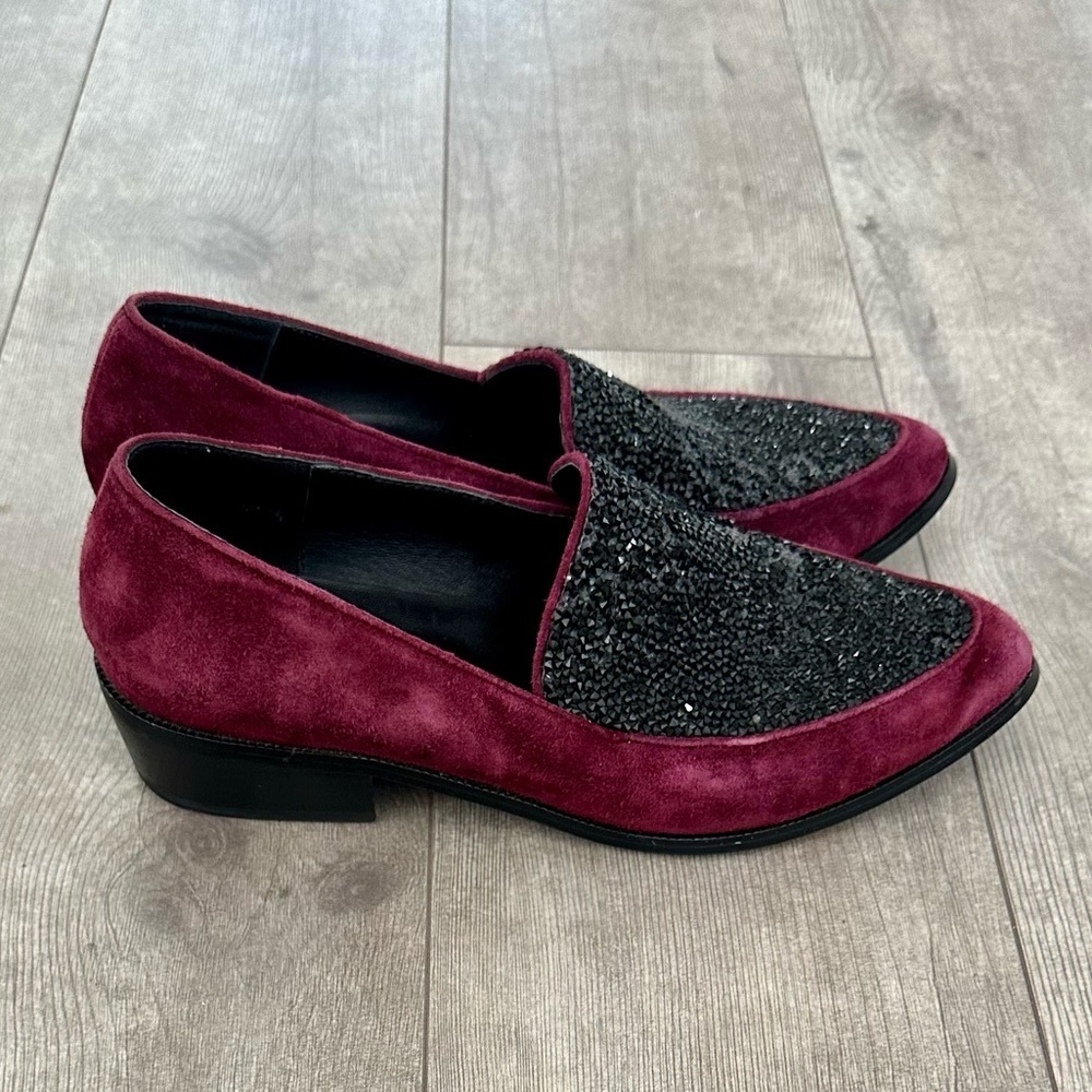 Tracy Reese Womens Size 8.5 Burgundy Suede Glitter Jewel Front Loafers